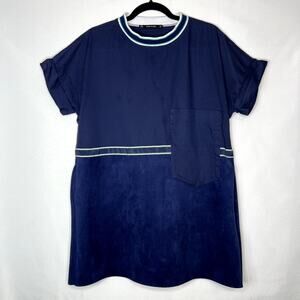 Zara Basic Navy Blue Cotton Suede Front Pocket Detail Short Sleeve Midi Dress M